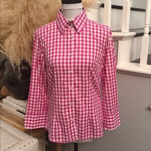 J. McLaughlin Pink Gingham Preppy Plaid Print Button Down Top Blouse Size 8